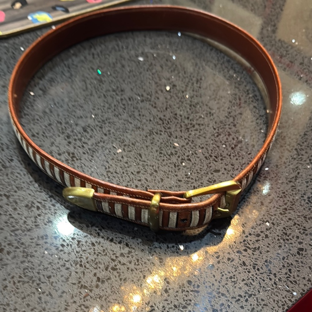 Brown and White Striped Belt with Gold Buckle